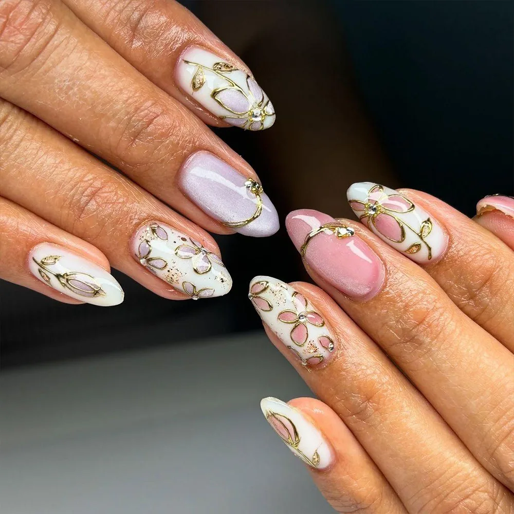 

24pcs 3D Gilded Floral Press-On Nails with Purple Pink Cat Eye & Gold Line Designs, Long Almond Shape, Assorted Sizes