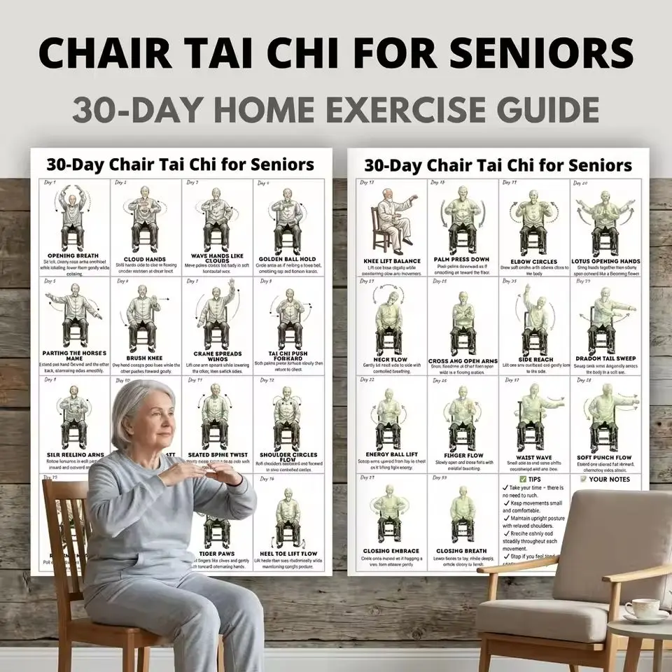Tai Chi Exercise Plan Poster for Seniors 30 Day Home Fitness Guide with Daily Illustrated Workouts on Coated Paper