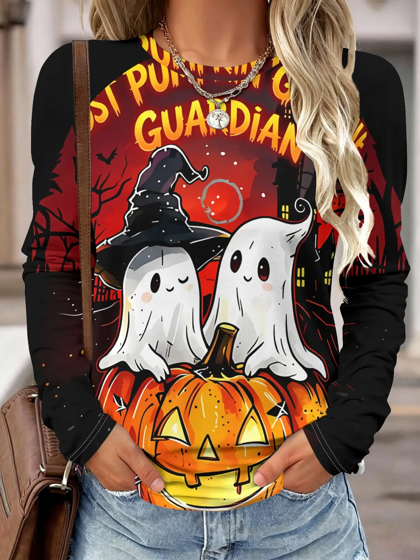 Women Long Sleeve Shirt Halloween Cute Ghost Pumpkin Witch Hat Print Round Neck Raglan Casual Fall Tops Women's Clothes