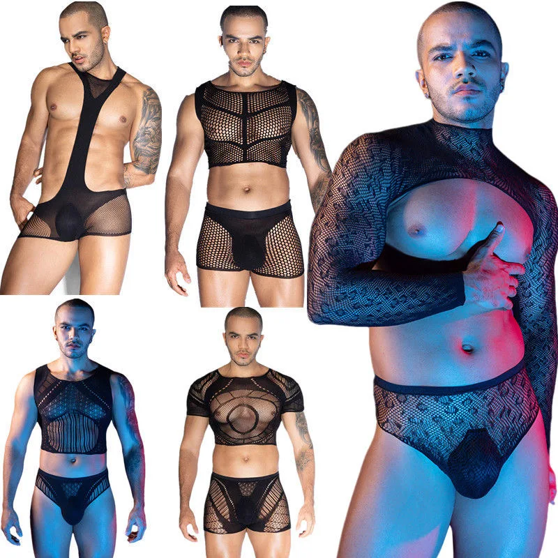 

Mens Mesh Crop Tops and Shorts Set Hollow Out Sheer Fishnet Sexy Lingerie Muscle Suit Rave Outfits Night Club Exotic Dancewear