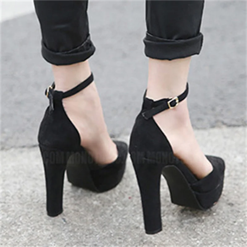 Fashion Women Ankle Strap Sandals Casual Flock Buckle Strap 11cm Thin High Heels Pointed Toe Women Sandals Discount Pumps Black