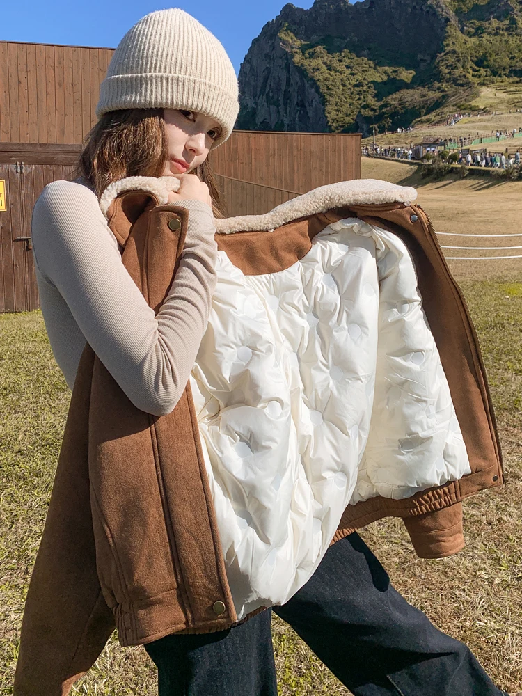 

Women's Winter Suede Cropped Cotton Coat Caramel Sherpa Parkas Jacket Vintage Workwear Padded Short Coat Windproof Outerwear