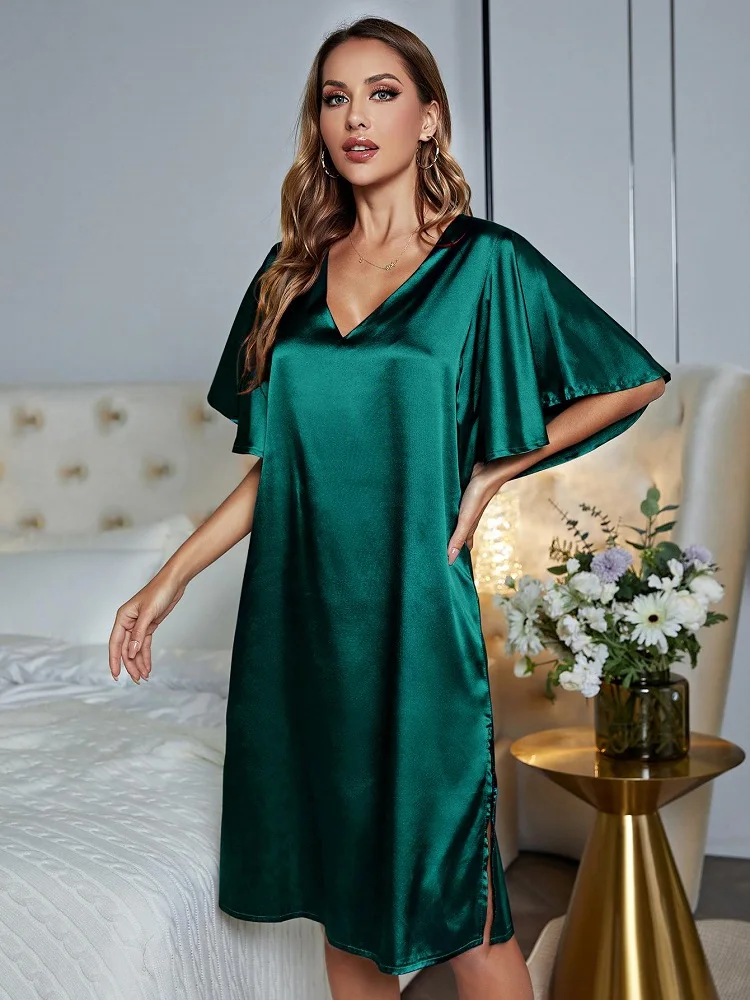 Silk Satin Sleepwear Loose Casual Sexy Home Wear Night Dress Side Split Summer Nightwear Ruffle Sleeve Women\'s Pajamas Underwear