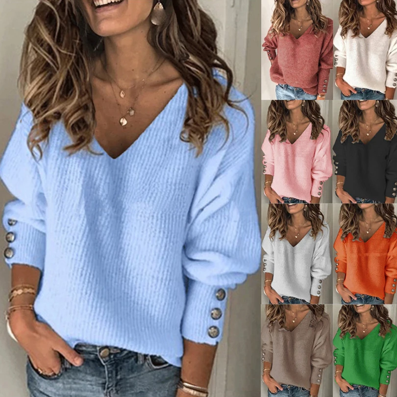 Otoño Invierno sólido Casual suéter con cuello en V prendas de punto sueltas para mujer suéter clásico básico versátil acanalado jerseys elásticos suaves