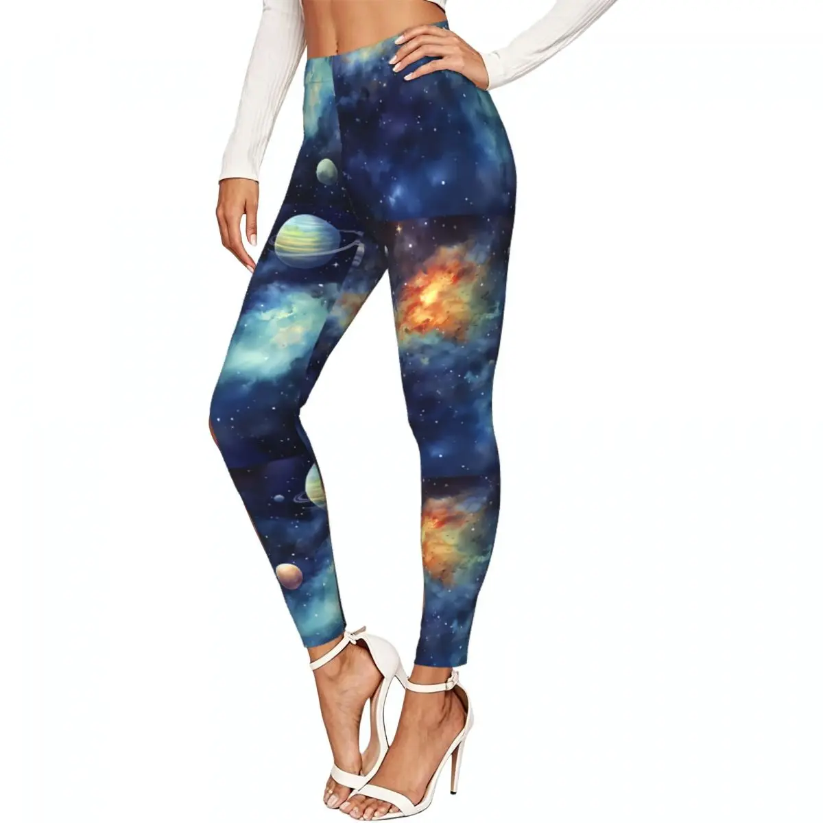 Casual Ladies Slim Leggings Planets Galaxy Watercolor Style Elastic High Waist Sports Daily Wear Trousers