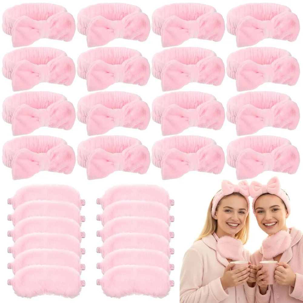 2-15 sets Pink Bow Spa Headband and Eye Mask Bulk Plush Hair Band Skincare Yoga Sleepover Christmas Women Party Favor Gifts