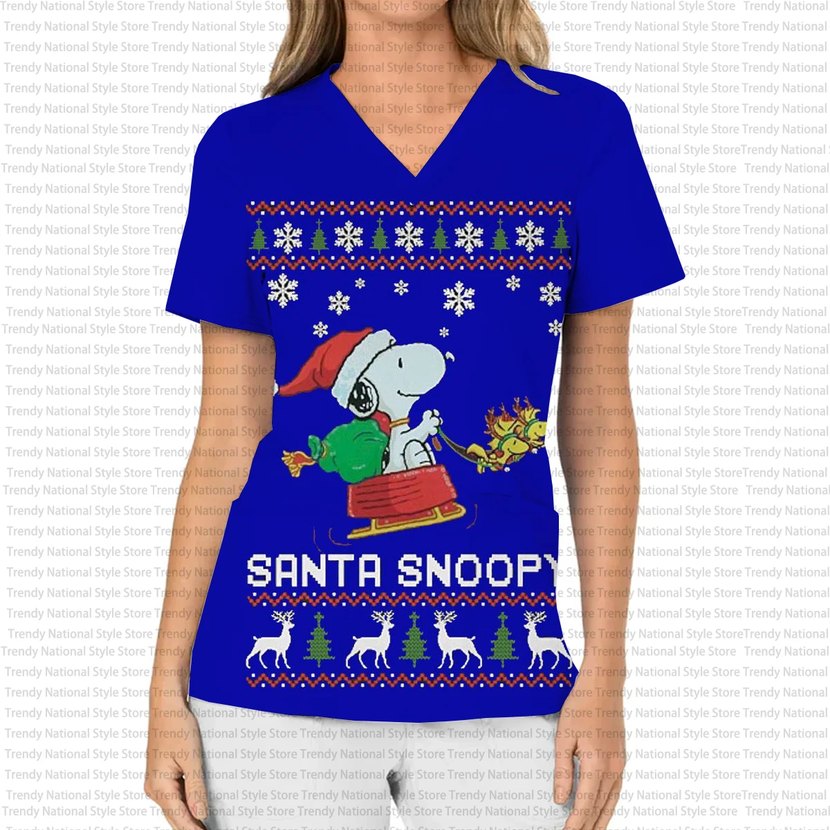 Surgical Gown Uniforms for Nurse Beauty Salon Medical Care Surgical Gowns New Christmas Snoopy Print Dental Women's T-shirt