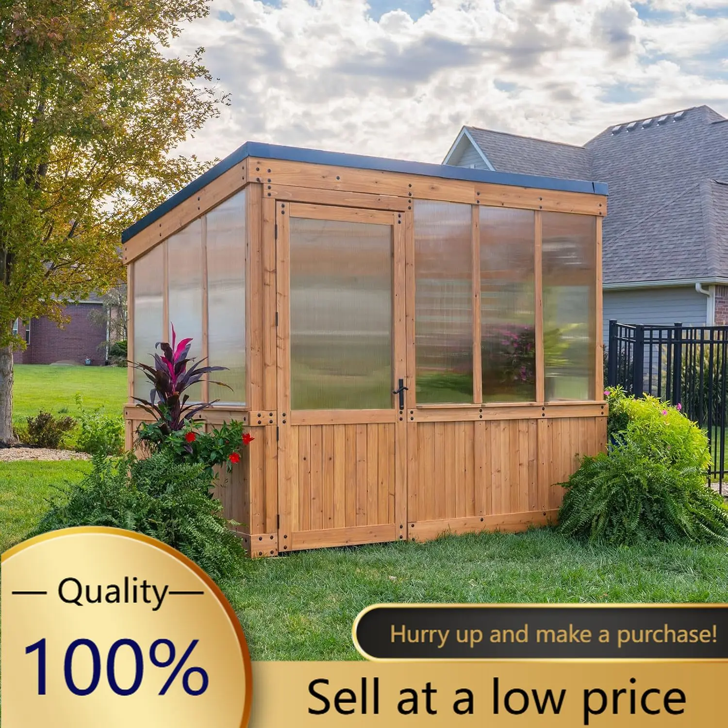 Willow 9' x 6' Cedar Wood and Polycarbonate Walk-in Greenhouse Kit with Exhaust Fan, Windows, Hose Hook-Ups, PowerPort, Staging