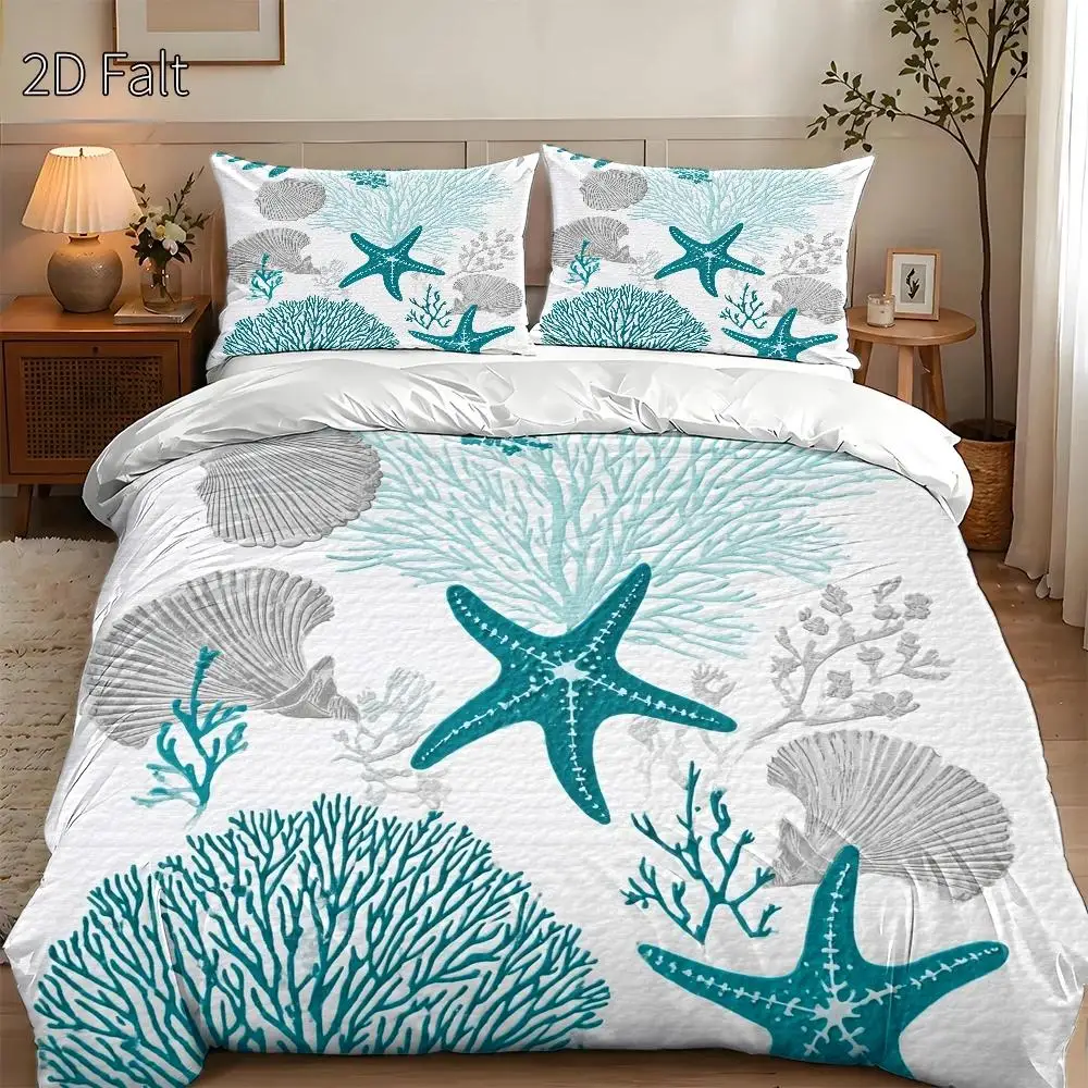 3-Piece Quilt Cover Set, 1 Quilt Cover + 2 Pillowcases (Without Filling), Starfish, Coral, and Shell Pattern, Watercolor Art Style, Spring and Summer Season, Home Bedding Set, Large Size Quilt Cover Set, Suitable for All Seasons, Machine Washable, Invisible Zipper, Suitable for Home, Dormitory, Master Bedroom, Guest Room Use
