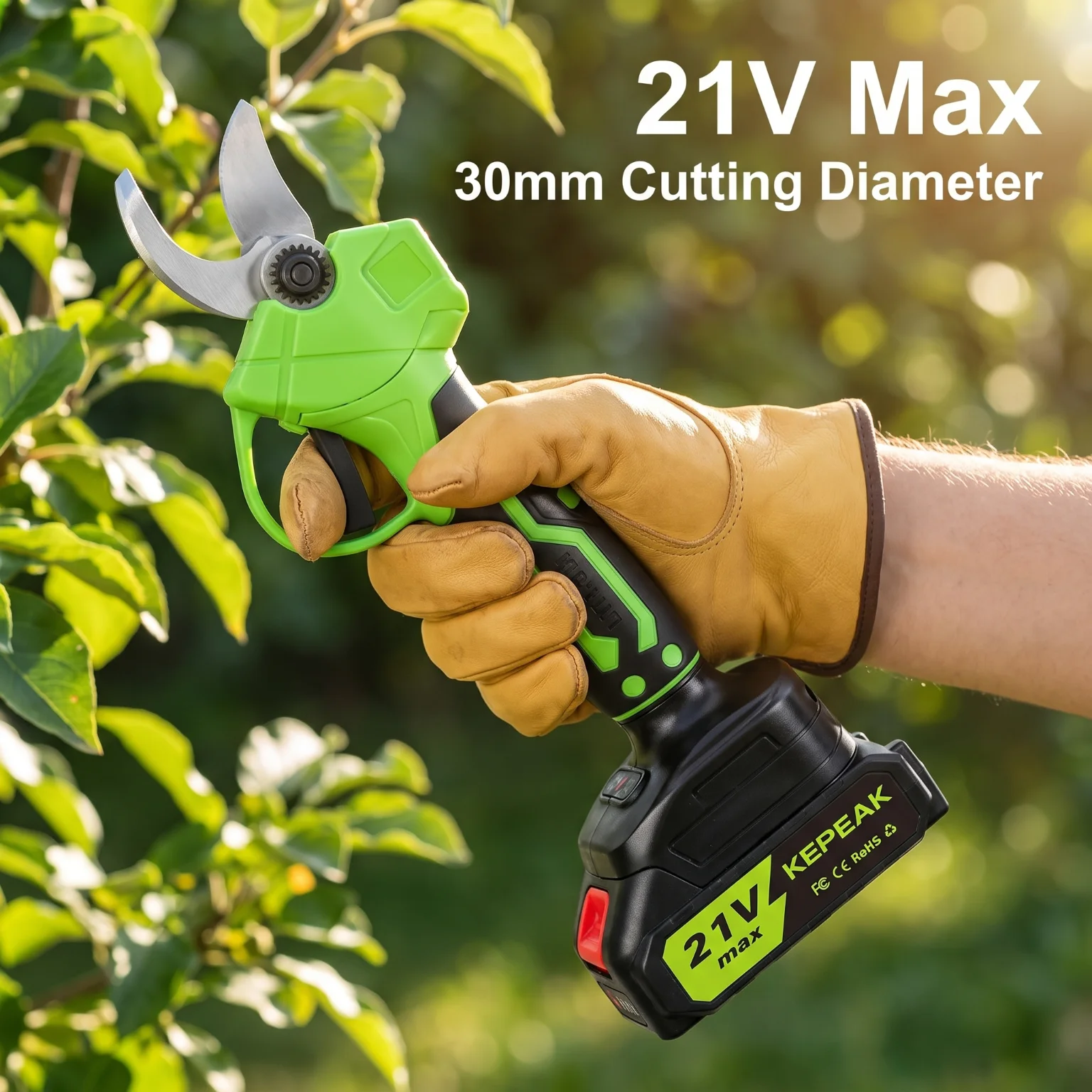Green Cordless Electric Pruner Tree Branch Cutter SK5 Sharp Blade 1.18 Inch Cut 10 Cells Two Batteries One Charger 13000mAh Rechargeable Battery 60 Min Fast Charging Lightweight Ergonomic For Orchard Garden Farm Pruning With Full Accessories US Charger