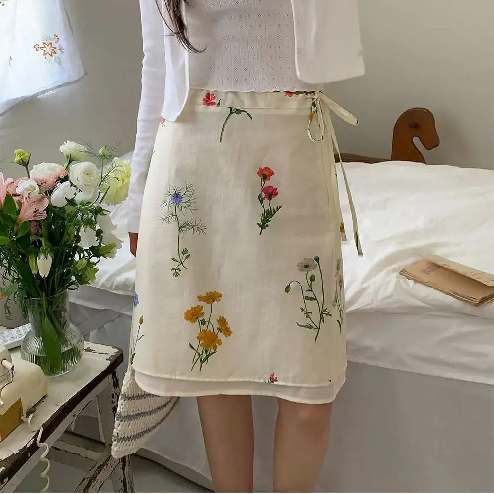 Summer High Street Casual Mini Skirt Women's Botanical Floral Print Drawstring Tie Skirt Elegant Holiday