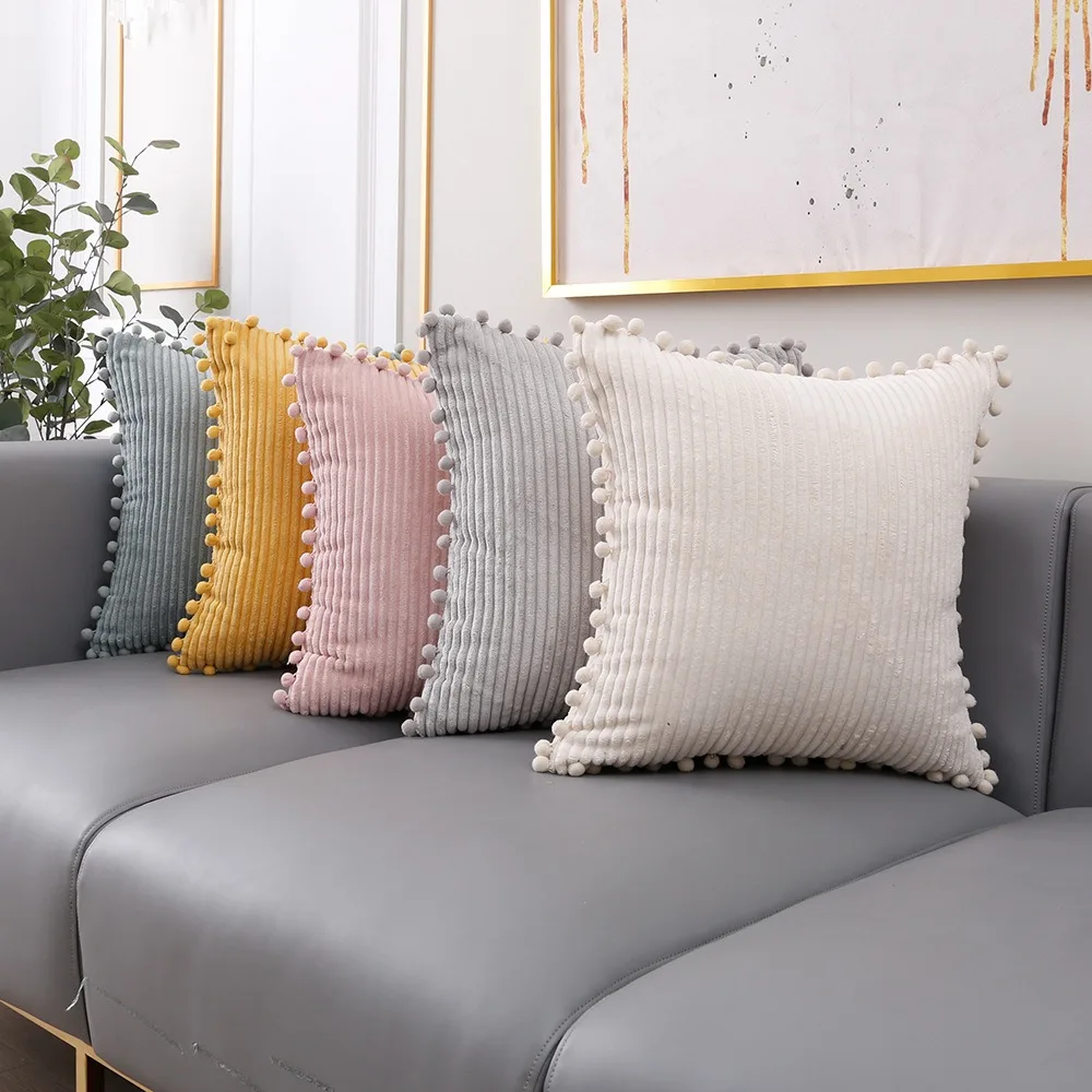 

Square Bohemia Throw Pillow Cover Corduroy with Pom-pom Pillowcase Stripe Pattern Skin-friendly Sofa Pillow Cover Living Room