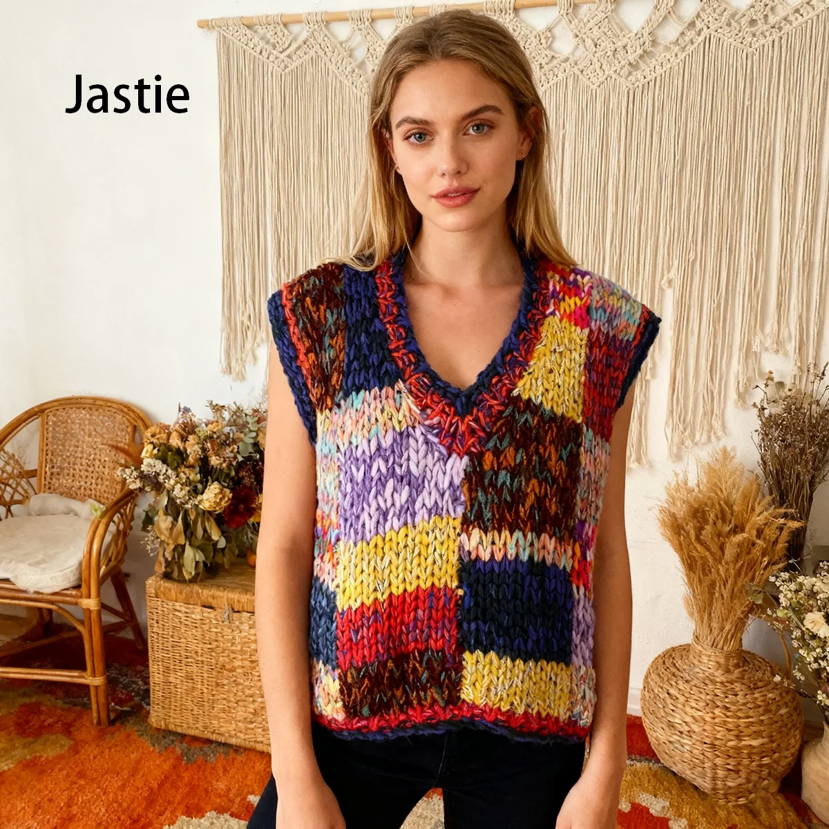 

2026 Retro Fashion Sleeveless Vest Sweater V-Neck Contrast Plaid Autumn And Winter New Hand-made Short Sweater Women Vest