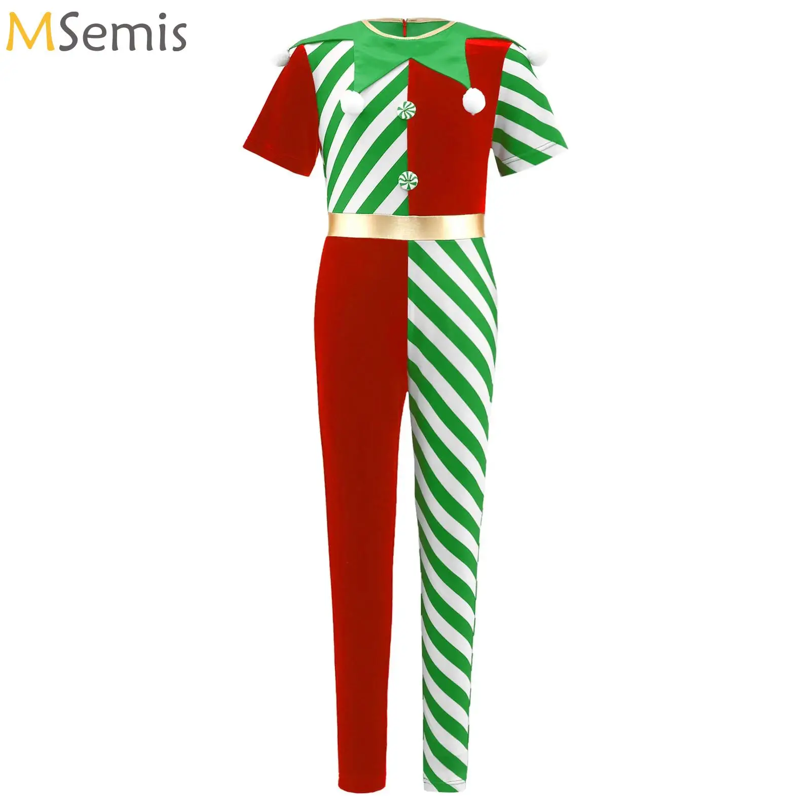 

Girls Christmas Elf Dance Costume Boys Candy Cane Striped Bodysuit Jumpsuit Pompom Leotard Gymnastics Performance Dancewear