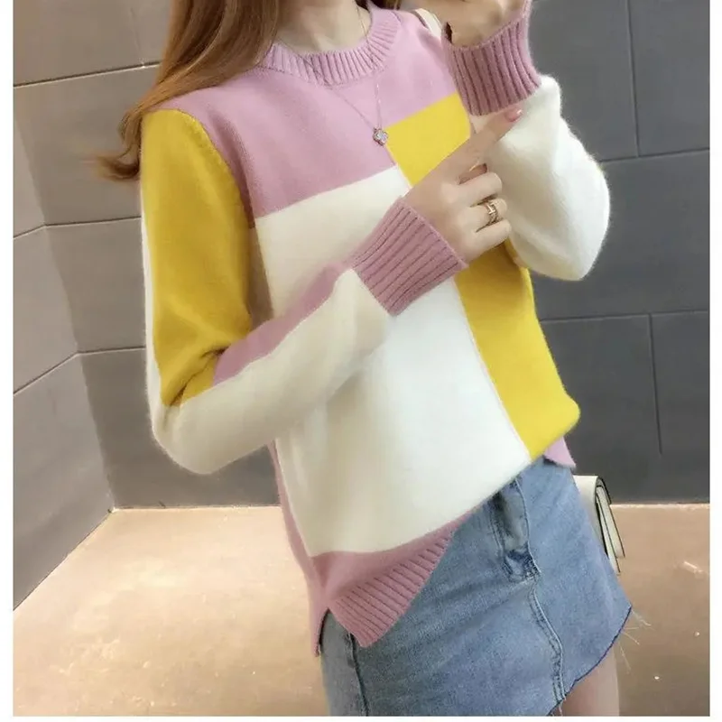 Autumn Women Patchwork Knitted Warm Sweater O-Neck Long Sleeve Sweet Pullovers Women Loose Casual Sweater Winter 2023