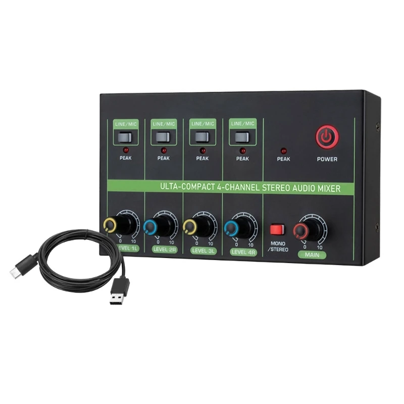 Versatile 4 Channel Sound Mixer 6.35mm Ports for Microphones, Guitar Musical Instruments Low Distortion Sound Quality