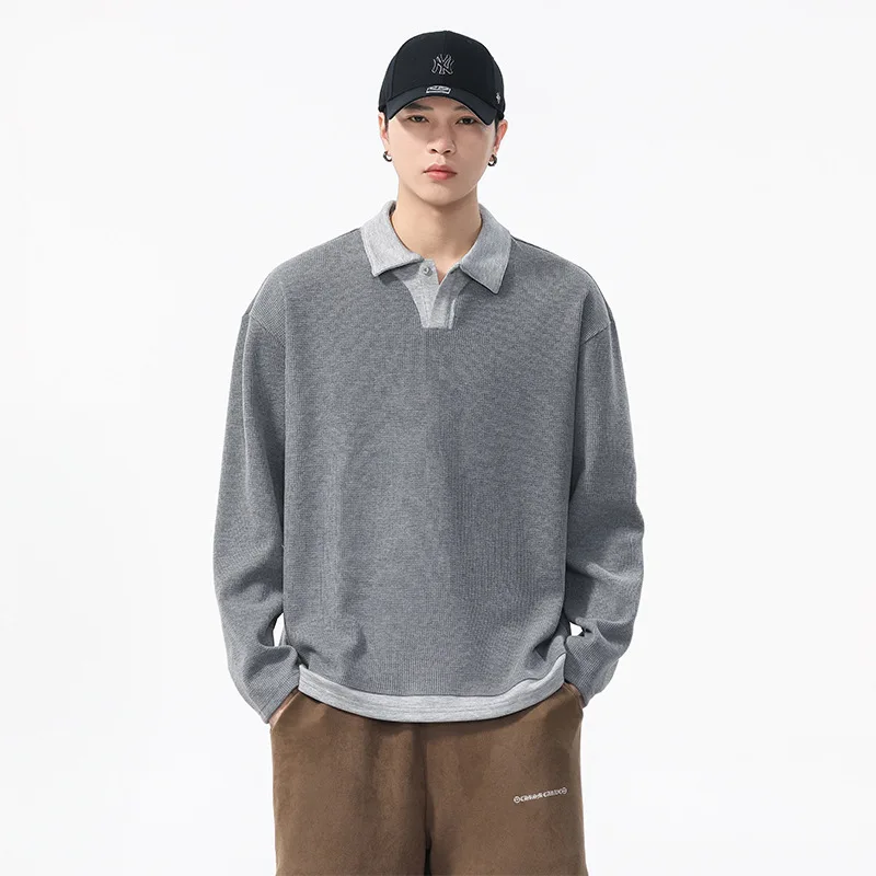 

Waffle Plaid Polo Shirts Men Long Sleeve Streetwar Fashion Loose Casual Vintage Knitted T Shirt Tops Cityboy T-shirt