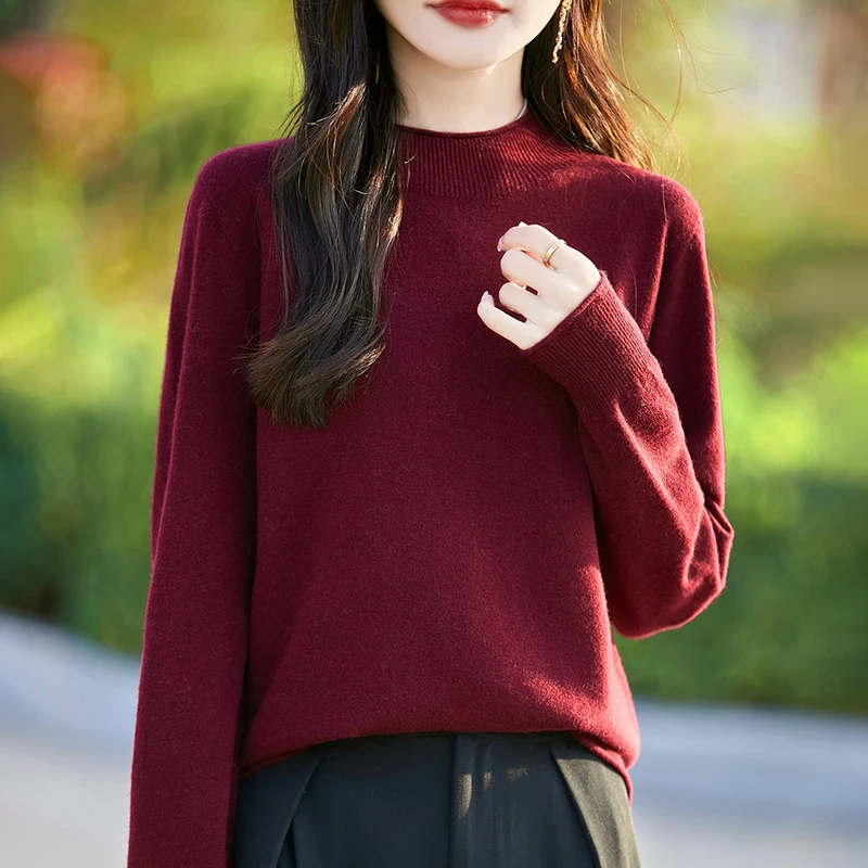 Autumn Winter Women Sweater Turtleneck Mock Neck Long Sleeve Solid Knitwear Pullover Half height collar Top Female clothing