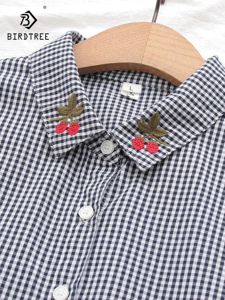 New Autumn Cotton Cherry Embroidery Shirts Women Lapel Collar Plaid Top Girl Long Sleeve Loose Blouses Versatile Spring T39546QC