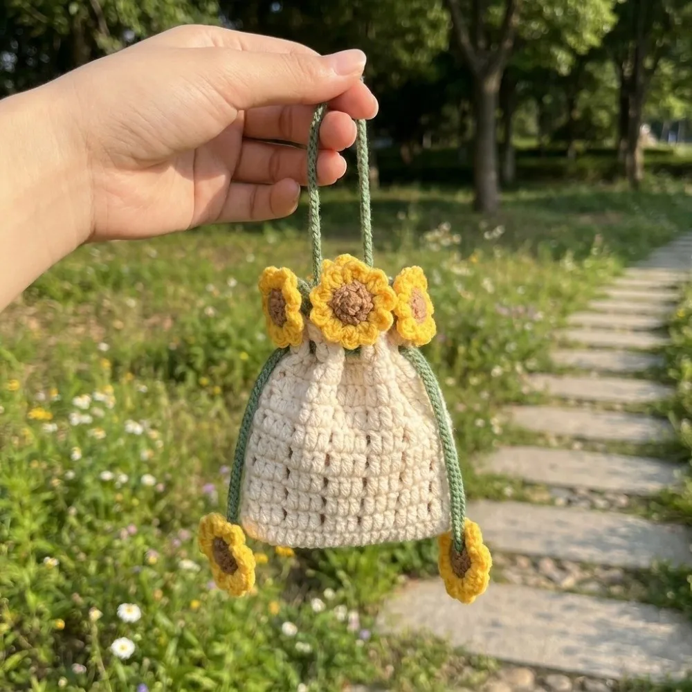 Fashion Handwoven Sunflower Design Organizer Pouch Adjustable Rope Tie Closure Hanging Storage Bag Crochet Coin Purse Home Decor