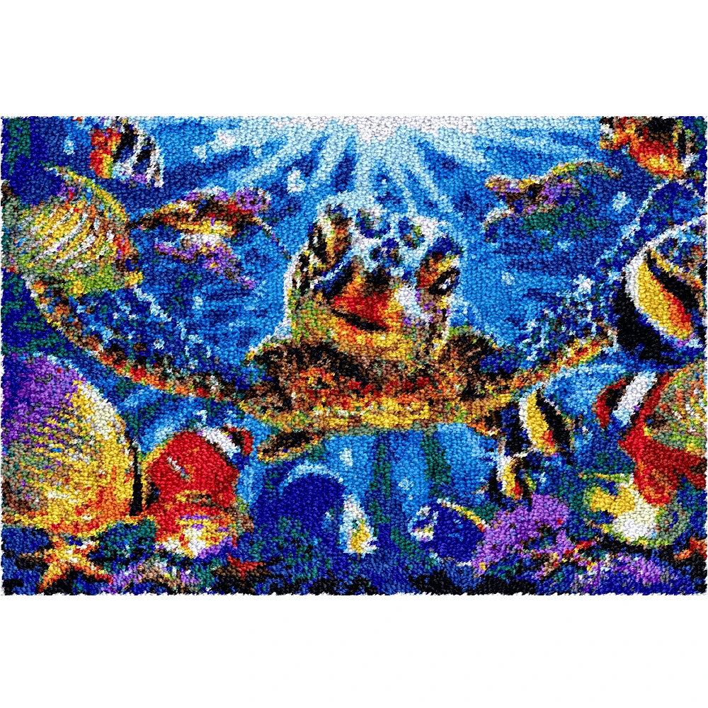 DIY Sea Turtle Latch Hook Rug Kits, Tapestry Making Kits, Crochet Needlework Crafts for Adults, Pre-Printed Canvas Pattern