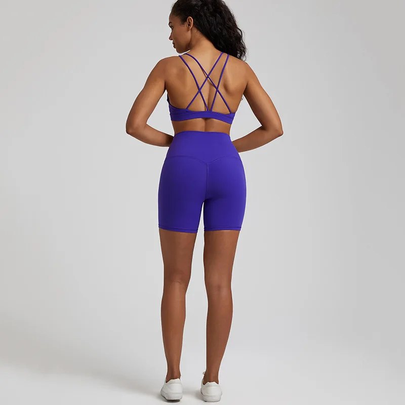 Solid Color Soft Women Sport Suit High Waist Shorts Cross Fitness Bra 2pc Short Legging Yoga Set Gym Workout Training Hollow Out