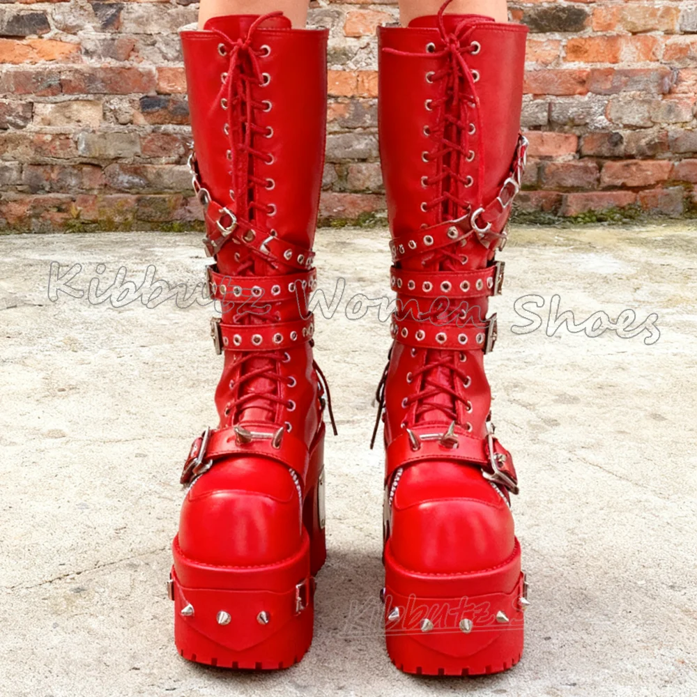 حذاء برقبة للركبة منصة المسامير الشرير الصخرة الجدة موضة موجزة مثير جولة تو صندل بكعب مكتنز النساء أحذية جلدية بلون جديد #2