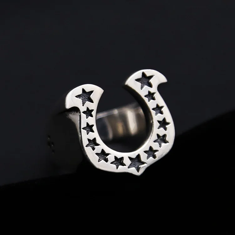 Wholesale European and American punk cool S925 pure silver five pointed star ring Korean version fashion U-shaped horseshoe open