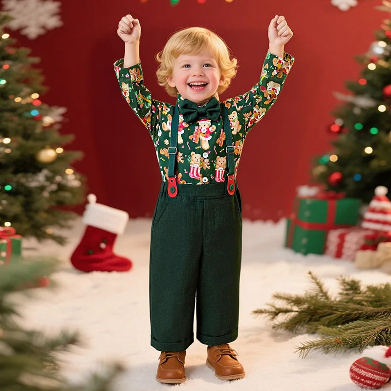 

2025 New Christmas Hot selling Atmosphere Element Printed Pattern Shirt and Strap Pants Two Piece Set