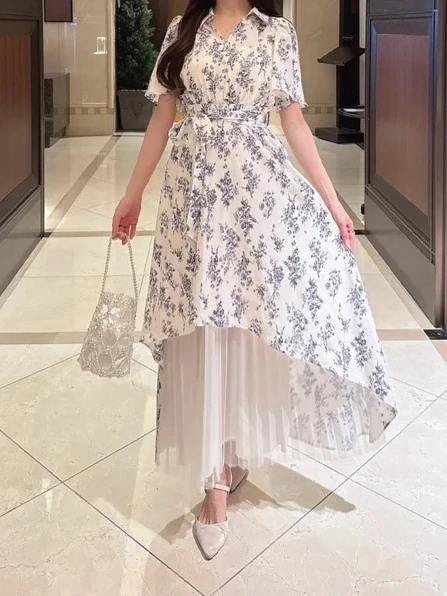 

2022, японское милое платье нестандартной формы с короткими рукавами и принтом, тюлевые платья с летящими рукавами и поясом, платья с цветочным принтом, новинка лета