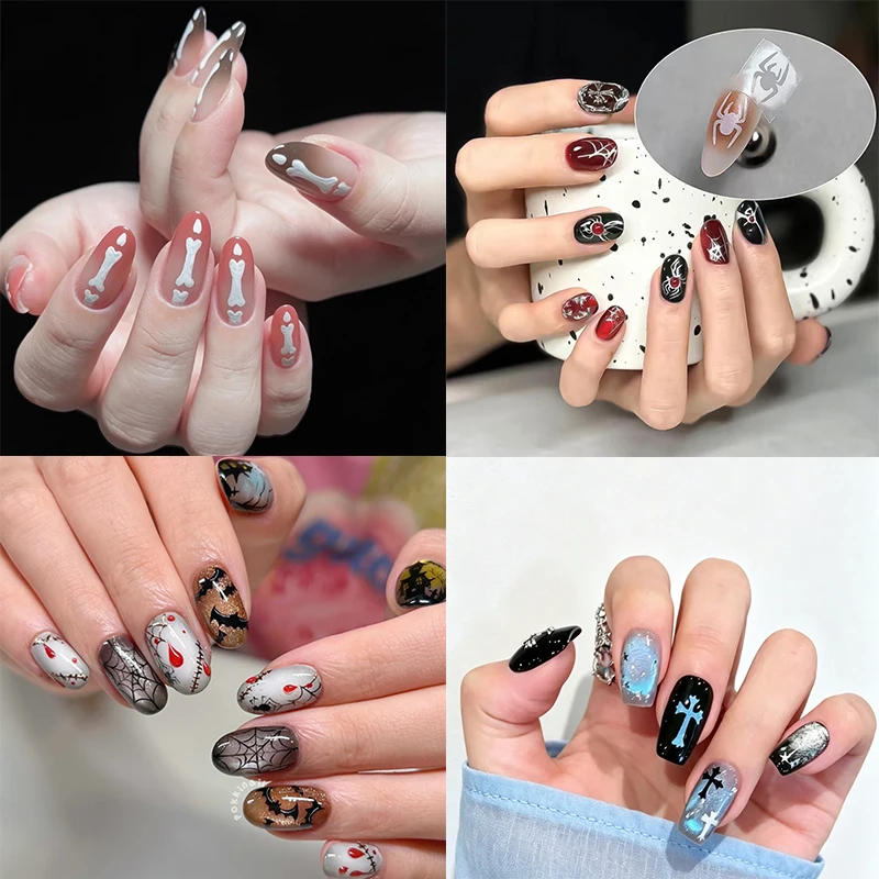 Halloween Nagelkunst-Schablonen Maniküre-Vorlagen DIY Gruselige Spinnennetz-Kreuz-Geister-Aufkleber für Gel-Nagellack-Malerei – Detail 6