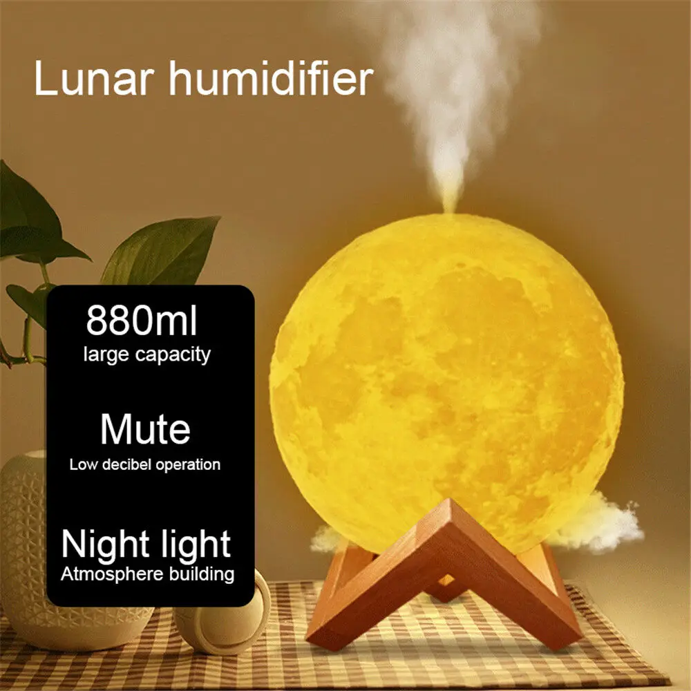 Moon Air Diffuser 880ML Spreader Ultrasonic Portable Air Humidifier USB Air Shooter Full Moon Night Light Home Decoration