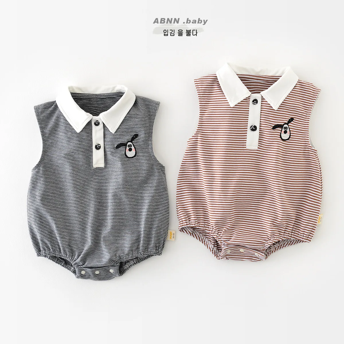 

Jenny&DaveBaby 2023 Summer Sleeveless Fart Coat New Striped Cartoon Embroidery Romper Baby Cotton Bodysuit for Children