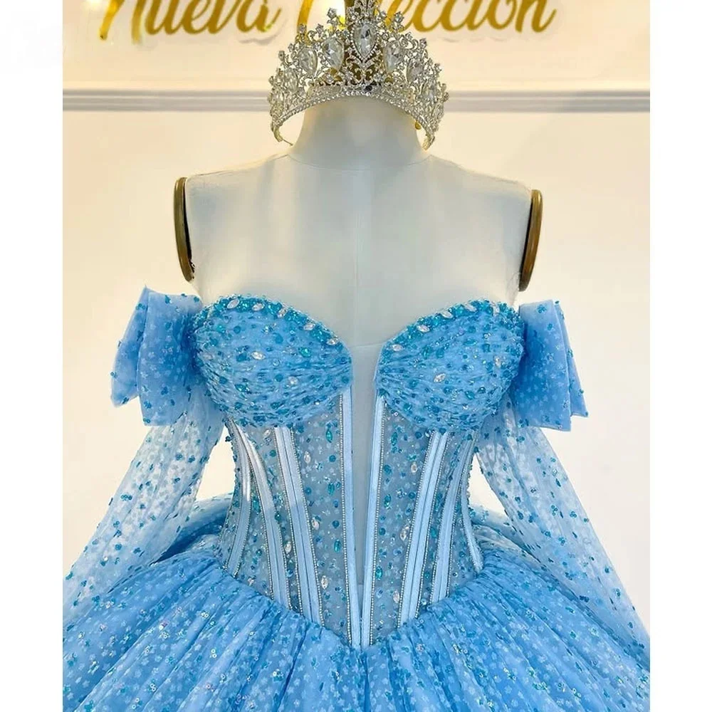 فساتين Quinceanera باللون الأزرق المنتفخ من Charro Quinceanera بأكمام طويلة وفيونكة مطرزة مكسيكية حلوة 16 فساتين 15 Anos مخصصة