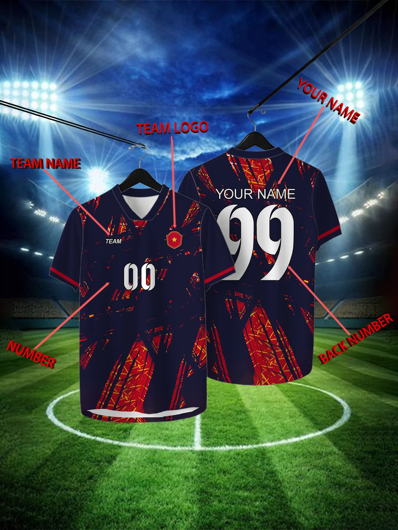 

Customized Geometric Deep Blue Short Sleeved Shirt with Team Name, Emblem, Name and Number, Outdoor Sports Short Sleeved T-shirt