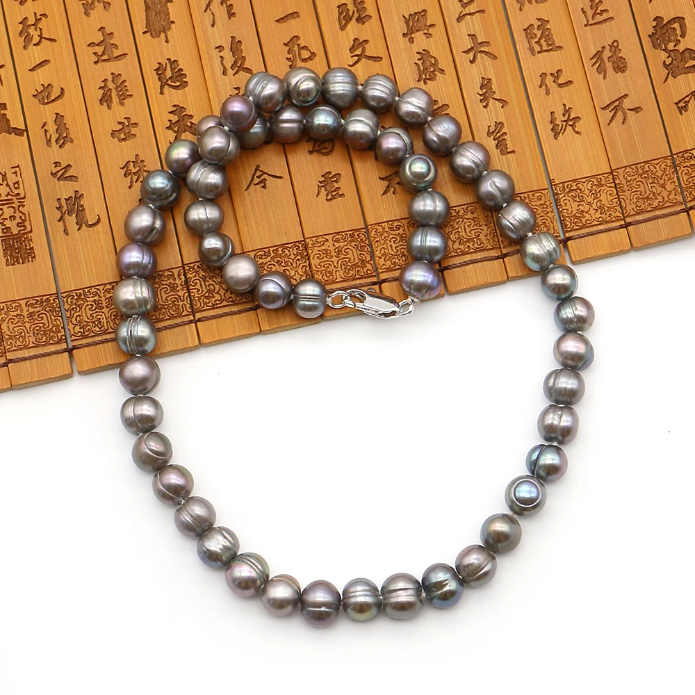 

7-8mm Peacock Green Threaded Round Pearl Necklace 40cm Length Baroque Freshwater Pearl Lobster Clasp Necklace Jewelry Accessory