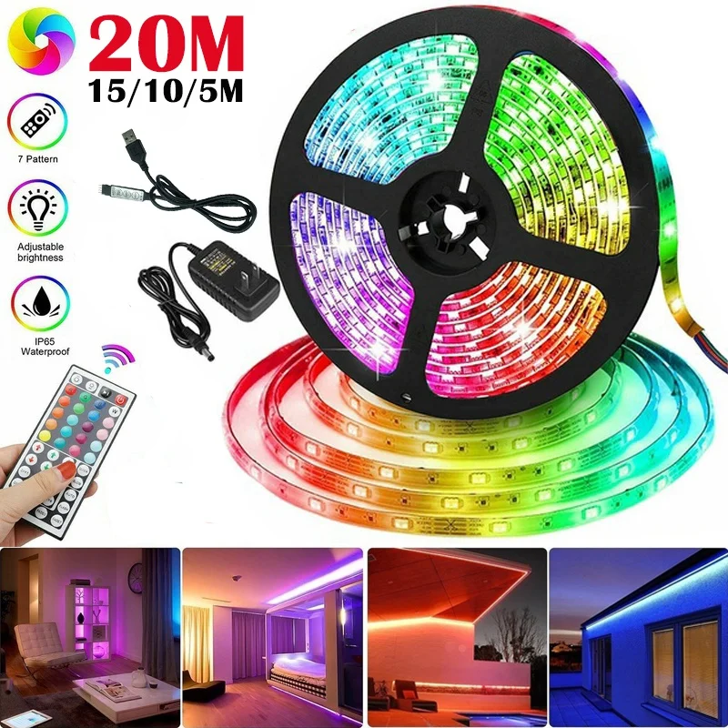 Update Usb Led Strip Lights 2/3/5/10/15/20M Color Changing LED Strip Light with 44key Remote Controller String Lights