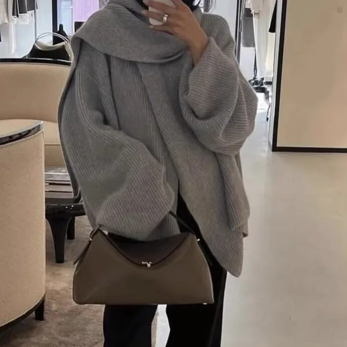 

Casual Chic Loose Scarf Sweater Coat For Women 2025 Autumn New French Style High-End Knitted Long-Sleeve Cardigan Elegant F6FE