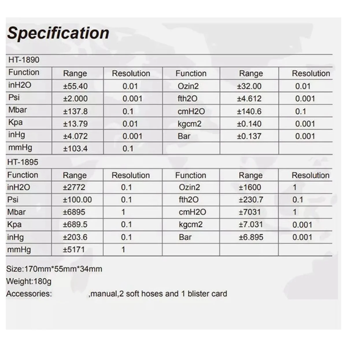 A002 HT-1890 Gas Pressure Gauge Manometer Digital Manometer Data Hold Dual Port Air Pressure Gauge HVAC Gas Teste Meter