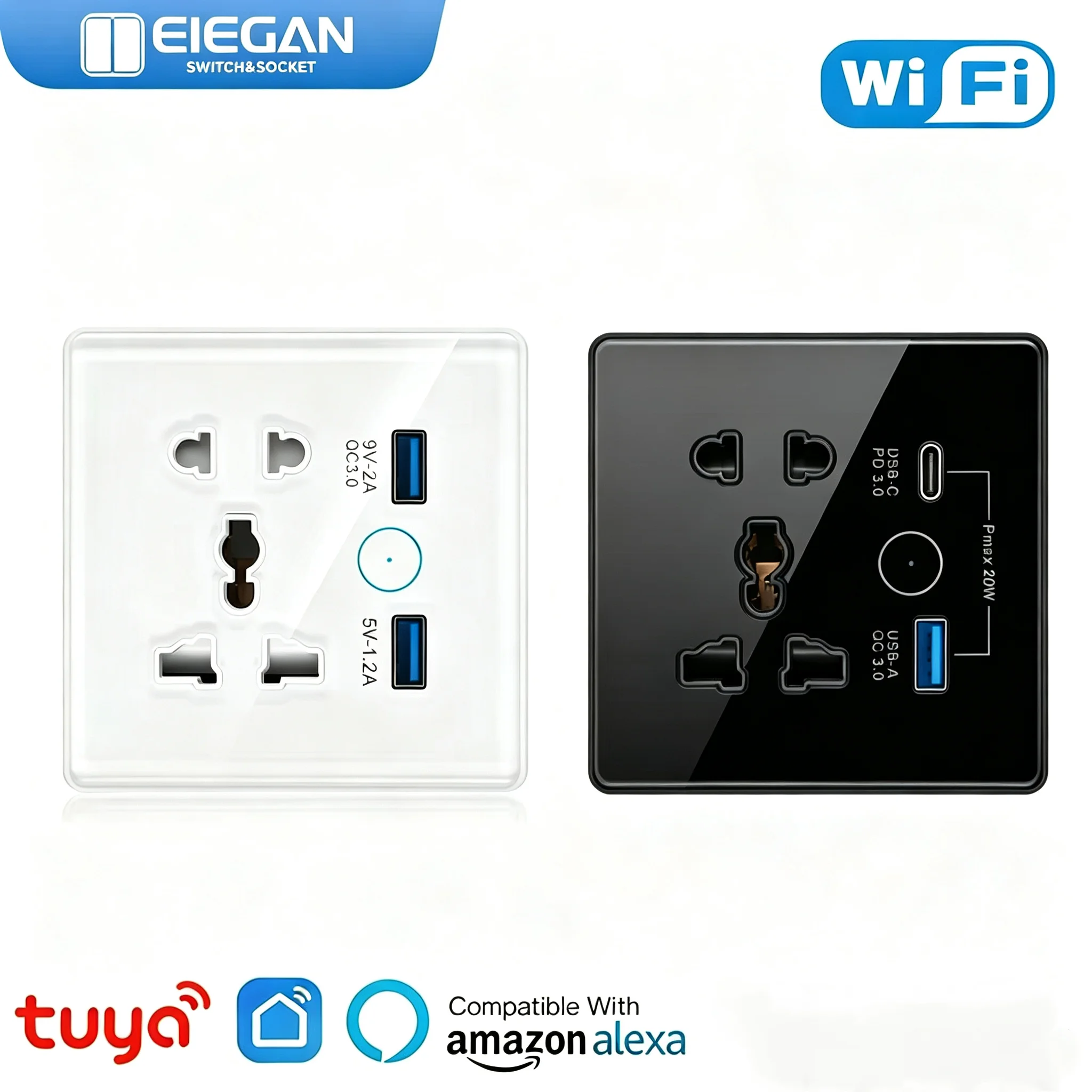 ELEGAN EU UK US Universal Plug Tuya WiFi Smart Socket Switch Quick Charge 3.0 USB Type-C Port Outlet Support Alexa Google Home