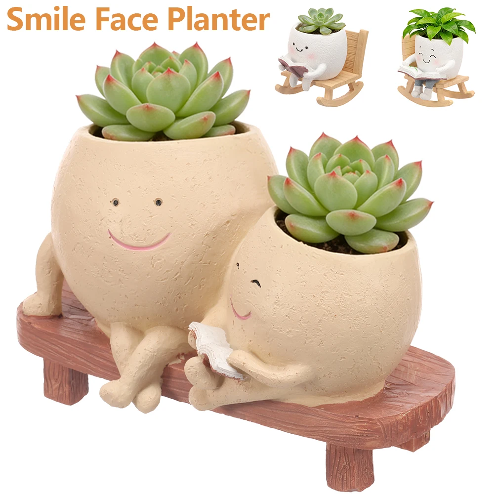 Rocking Chair Smile Face Planter Resin Cute Succulent Flower Pot with Bottom Drainage Hole Small Plant Pot for Home Garden Decor