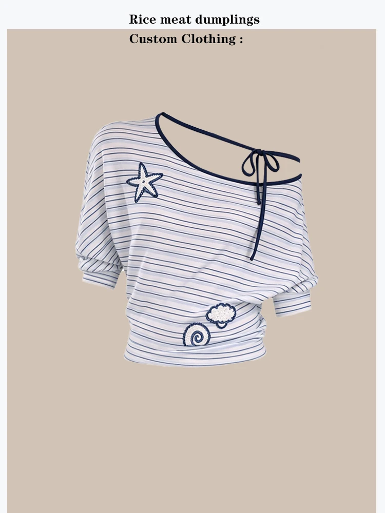 

Shoulder Bared Star T-Shirt High Ratio Lyocell Soft Batwing Striped Women's Summer T-Shirt Commute Style Loose Fit Short Sleeve