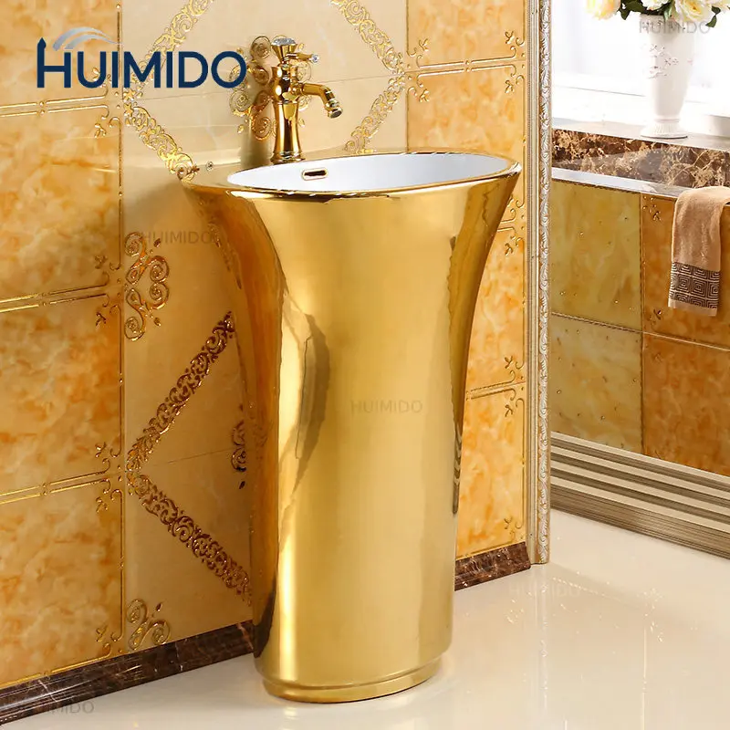 European column basin integrated wash basin hotel column washbasin ceramic gold pillar basin
