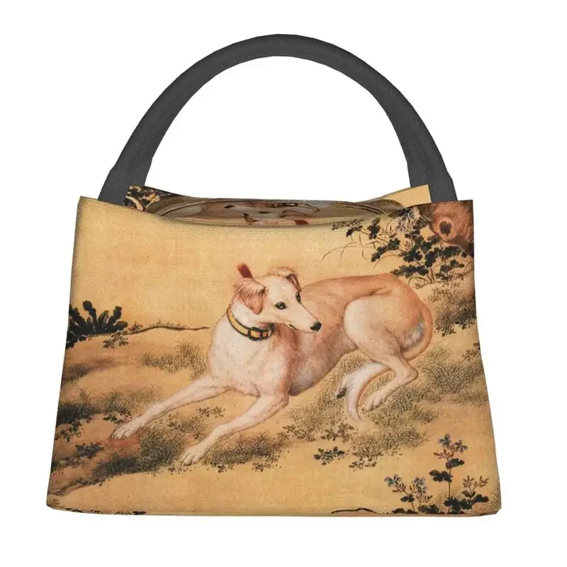 Greyhound Whippet Dog Art Insulated Lunch Bag for Women Vintage Chinese Style Thermal Cooler Lunch Box Office Picnic Travel