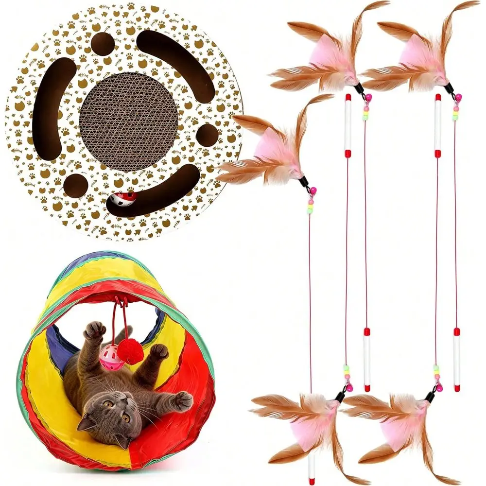 Interactive Toy Set Pop Up Collapsible 2Way Tunnel Tube Cardboard Scratching Pad Spinning Ball Track Steel Chaser Teaser