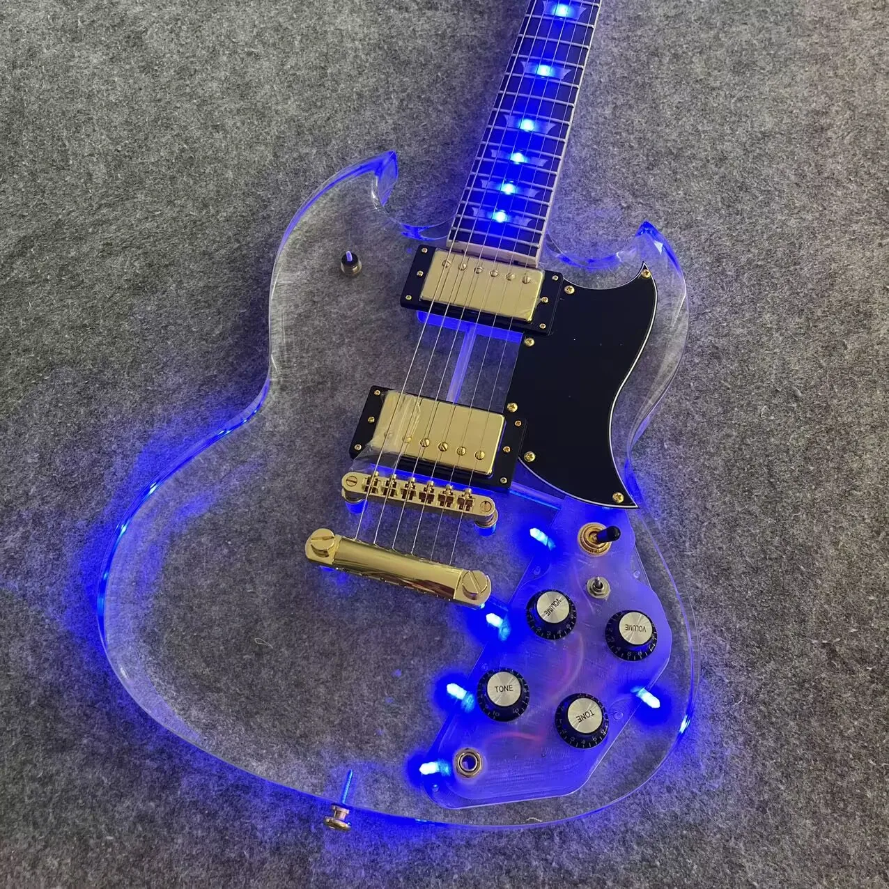 Acrylic Organic Glass Transparent 6-string Electric Guitar Blue LED Light Gold Accessories Free Shipping