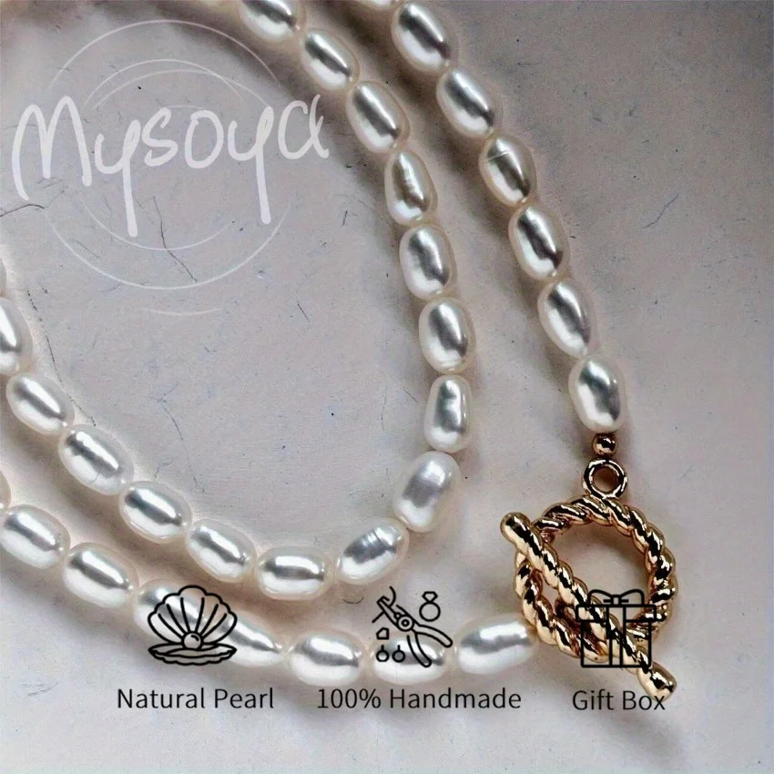 

MYSOYA 6-8mm White Rice Shape Freshwater Pearl Necklace Multiple Sizes With Gift Box Perfect Gift For Wedding Birthday Christmas