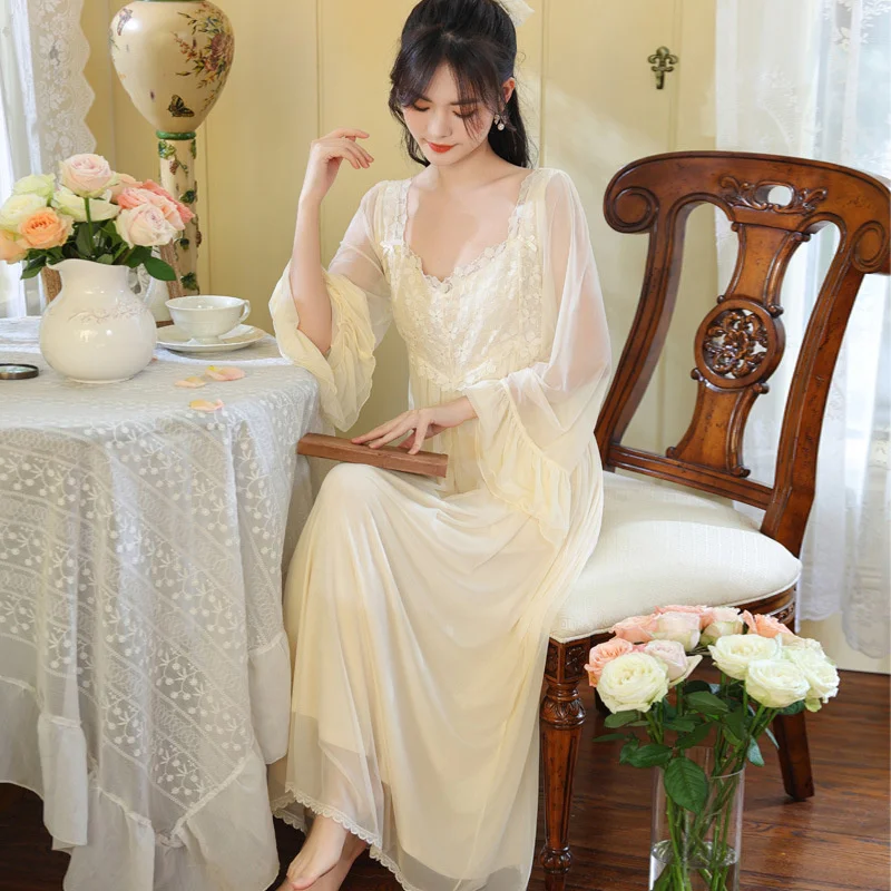 Autumn Winter Mesh Vintage Victorian Lace Long Sleeve Nightdress Princess Sleepwear Sweet Women Solid Color Nightdress