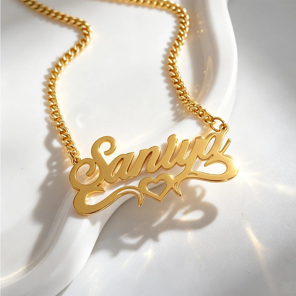 Custom Heart Name Necklaces For Women Stainless Steel Thick Cuban Chain Customized Necklace Pendant Personalized Neck Jewelry