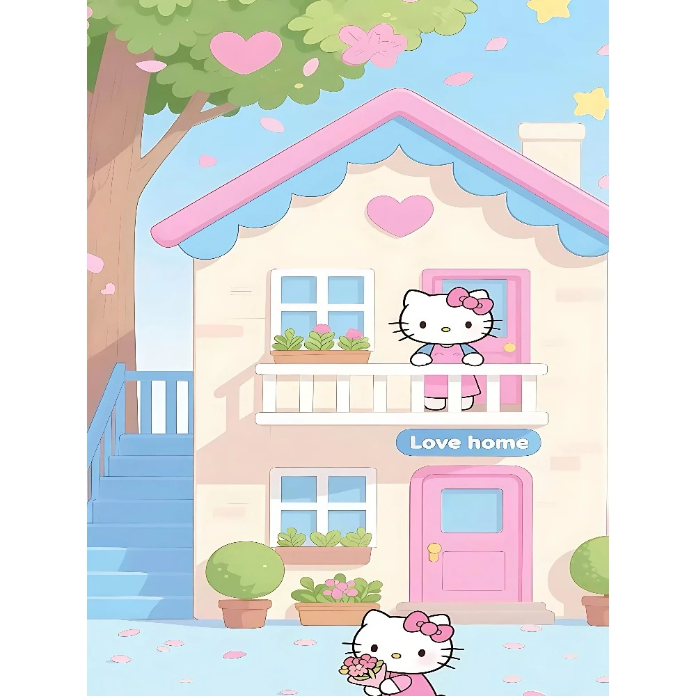 Oil Painting Anime Hello Kitty Cute Pink House By Numbers Modern Wall Decor for Living Room Bedroom Gift No Frame